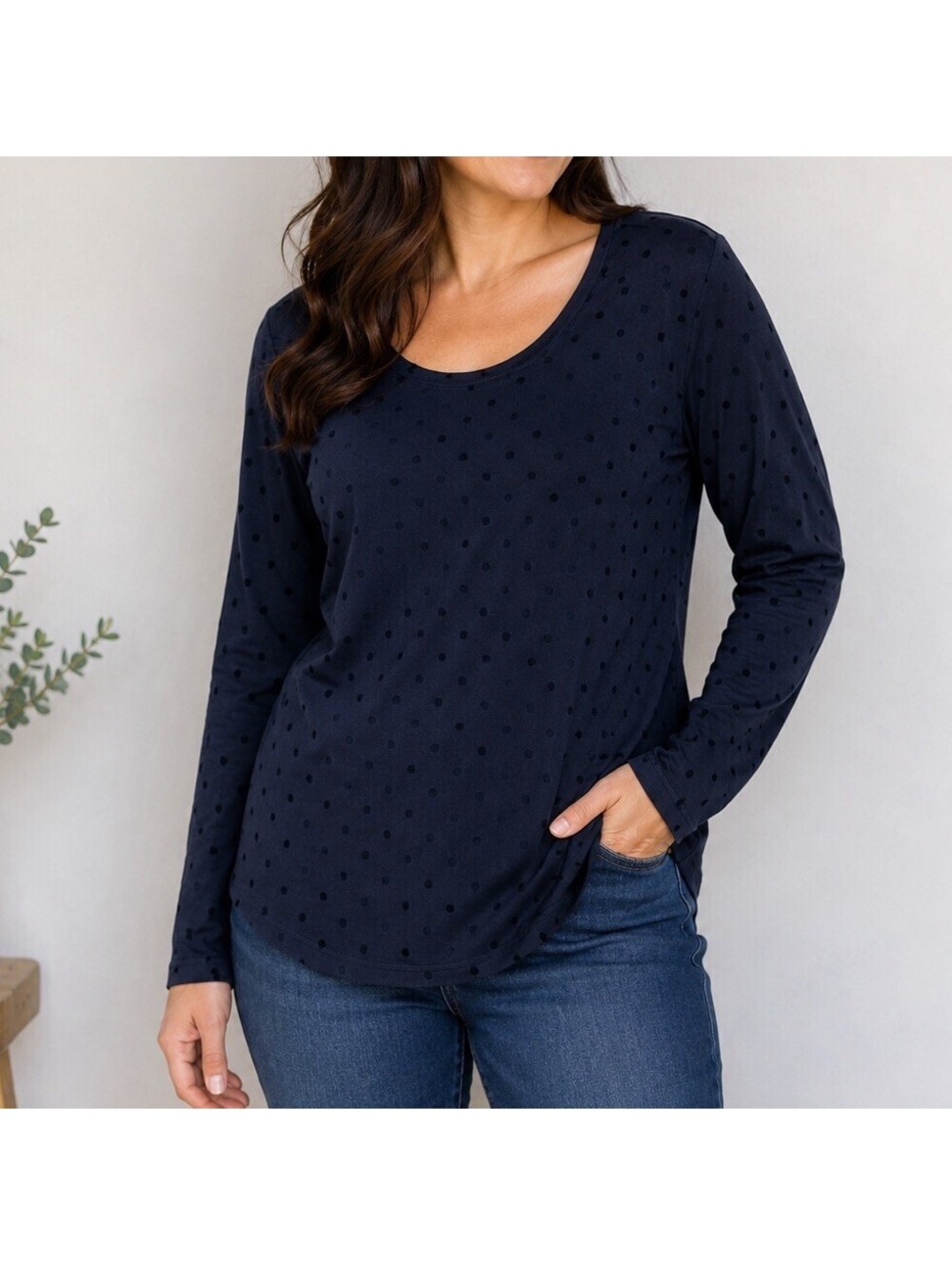 LOFT Navy Blue Flocked Polka Dot Top M Cotton Long Sleeve Tunic Blouse Preppy